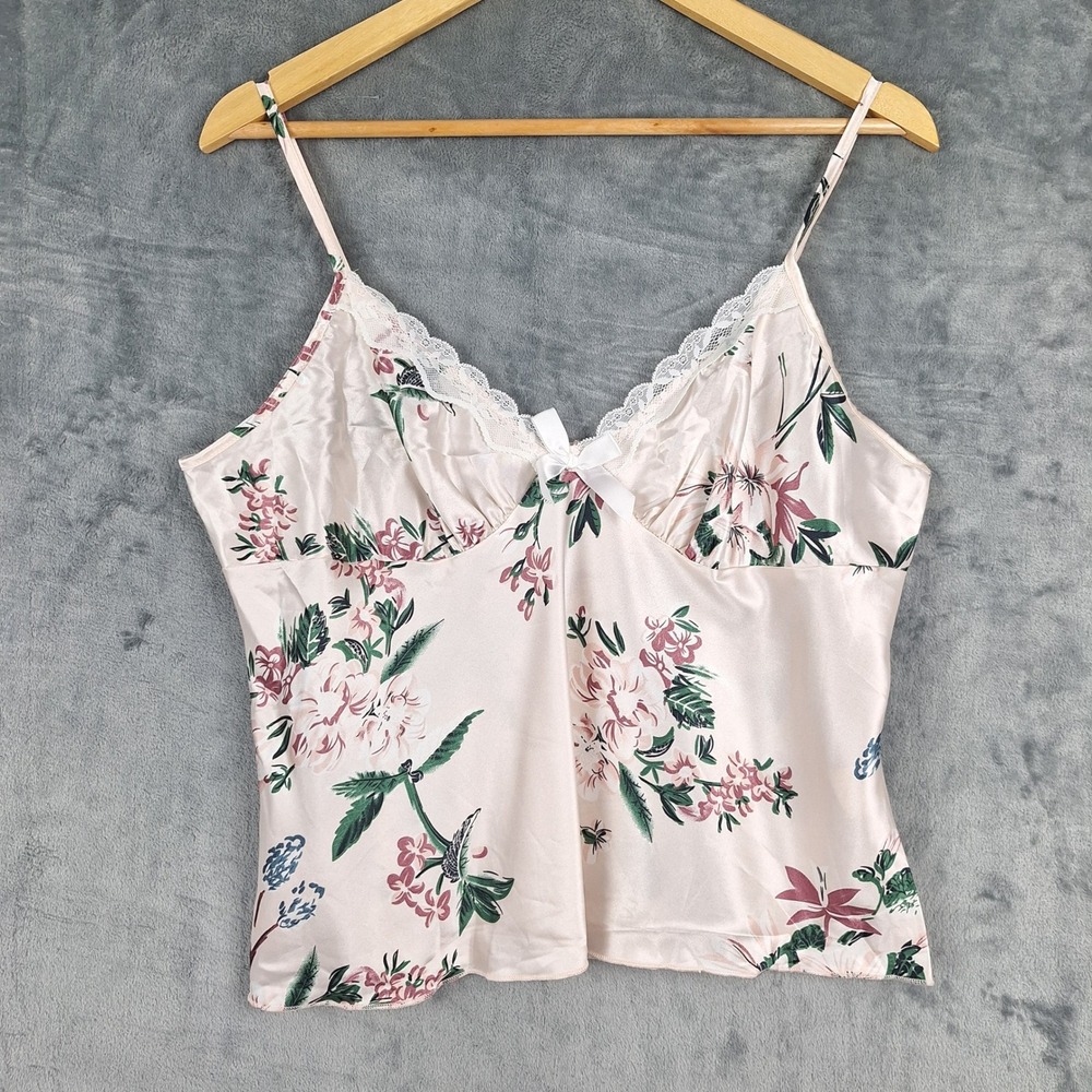 Womens Top XL Pink Babydoll Y2K Floral Lace Satin Coquette Fairy Feminine Dainty